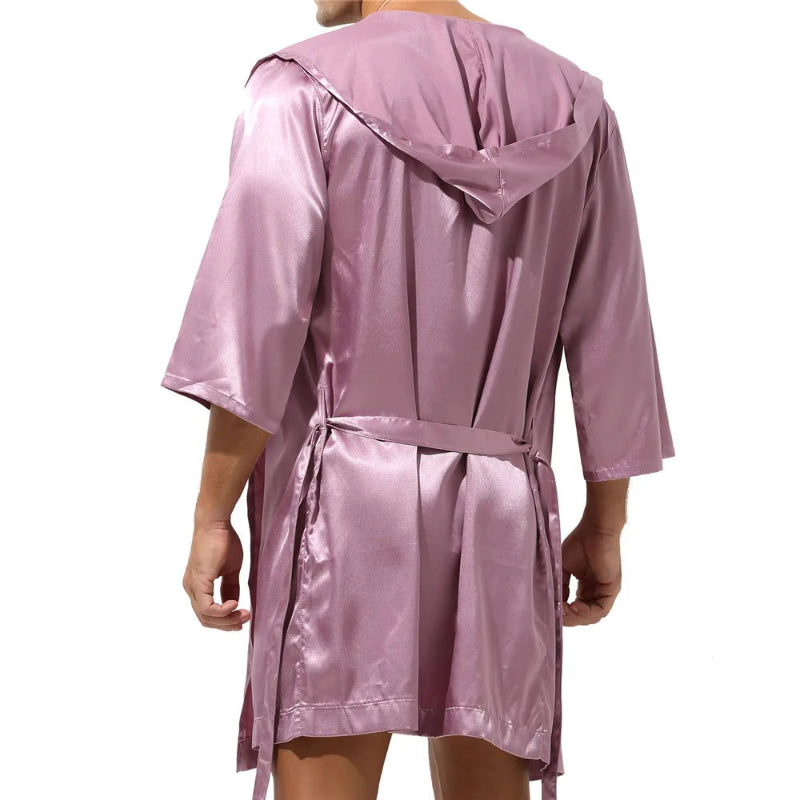 Peignoir de bain homme court capuche-polyester-satiné-absorbant-mi-cuisse-violet