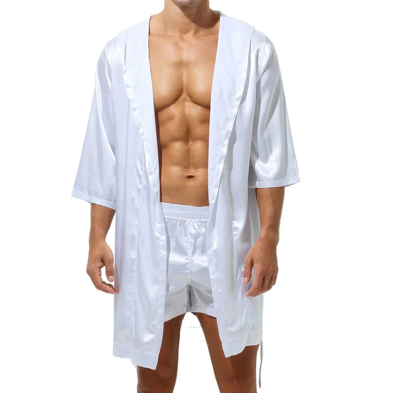Peignoir de bain homme court capuche-polyester-satiné-mi-cuisse-blanc