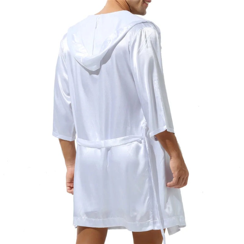 Peignoir de bain homme court capuche-polyester-satiné-mi-cuisse-capuche-culotte-blanc