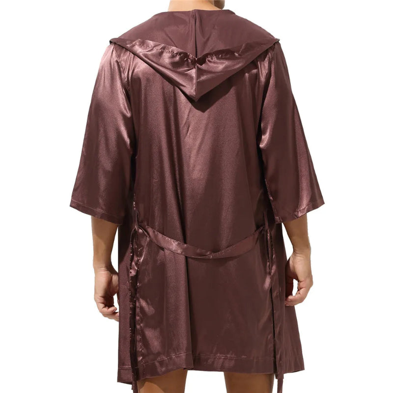 Peignoir de bain homme court capuche-polyester-satiné-mi-cuisse-capuche-culotte-marron