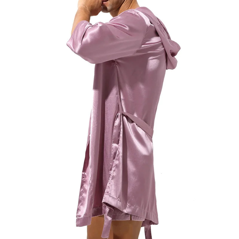Peignoir de bain homme court capuche-polyester-satiné-mi-cuisse-capuche-culotte-violet