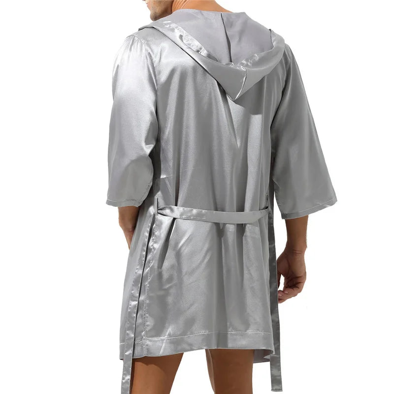 Peignoir de bain homme court capuche-polyester-satiné-mi-cuisse-gris