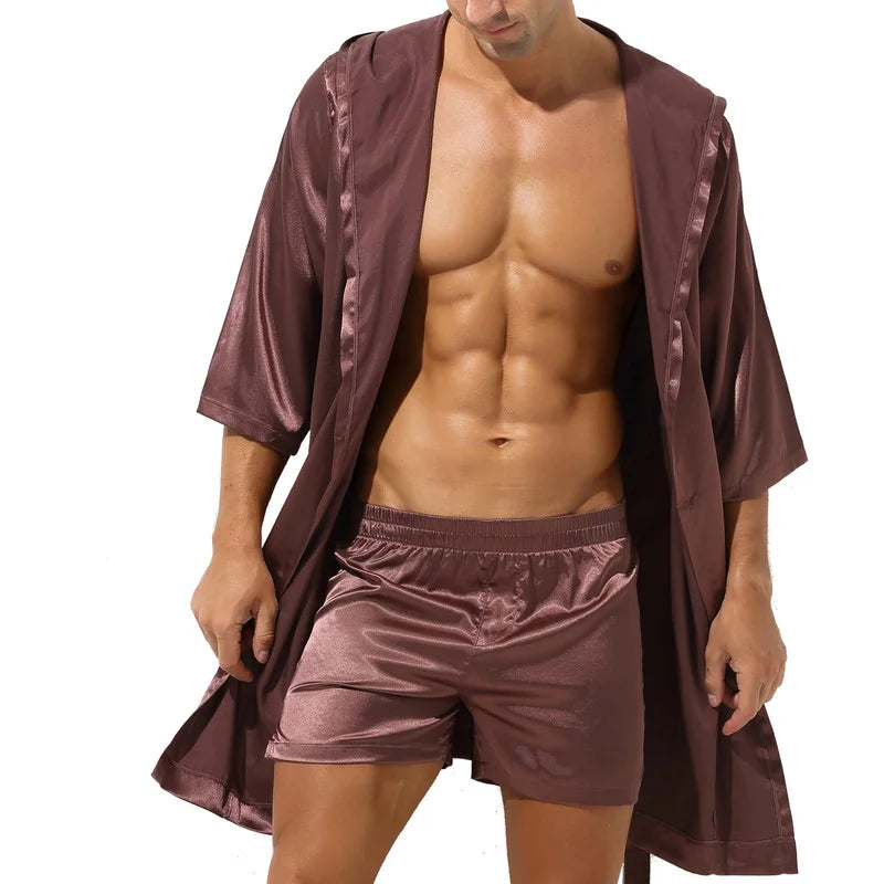 Peignoir de bain homme court capuche-polyester-satiné-mi-cuisse-marron