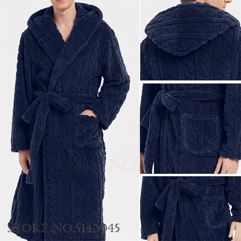 Peignoir de bain homme en éponge-flanelle-polyester-capuche-bleu