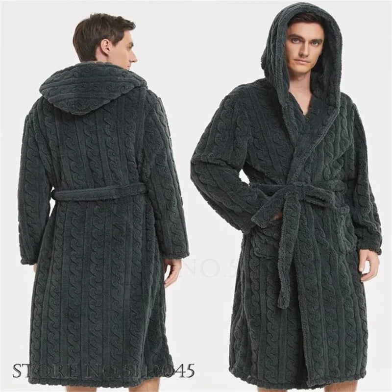 Peignoir de bain homme en éponge-flanelle-polyester-capuche-gris-foncé