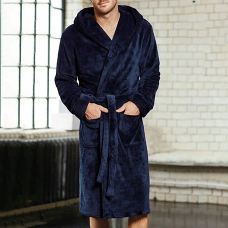 Peignoir de bain homme gris-polyester-coton-capuche-hiver-bleu