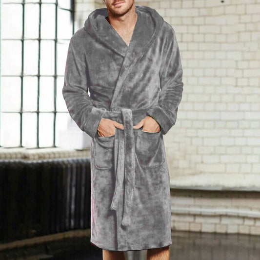 Peignoir de bain homme gris-polyester-coton-peigné-hiver