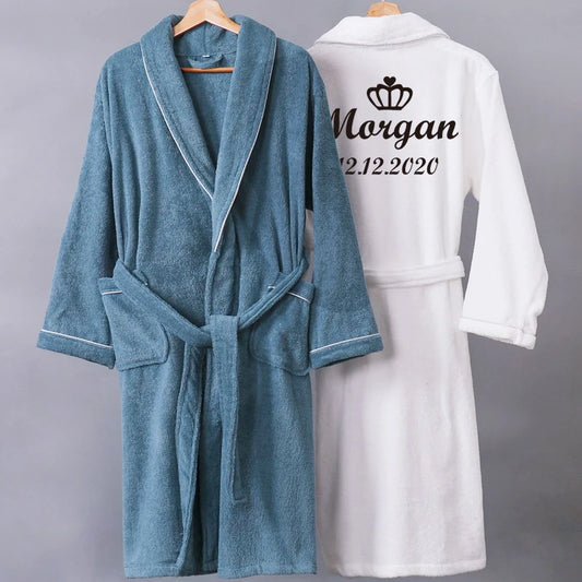 Peignoir de bain homme haut de gamme-coton-epais-personnalise-bleu-blanc