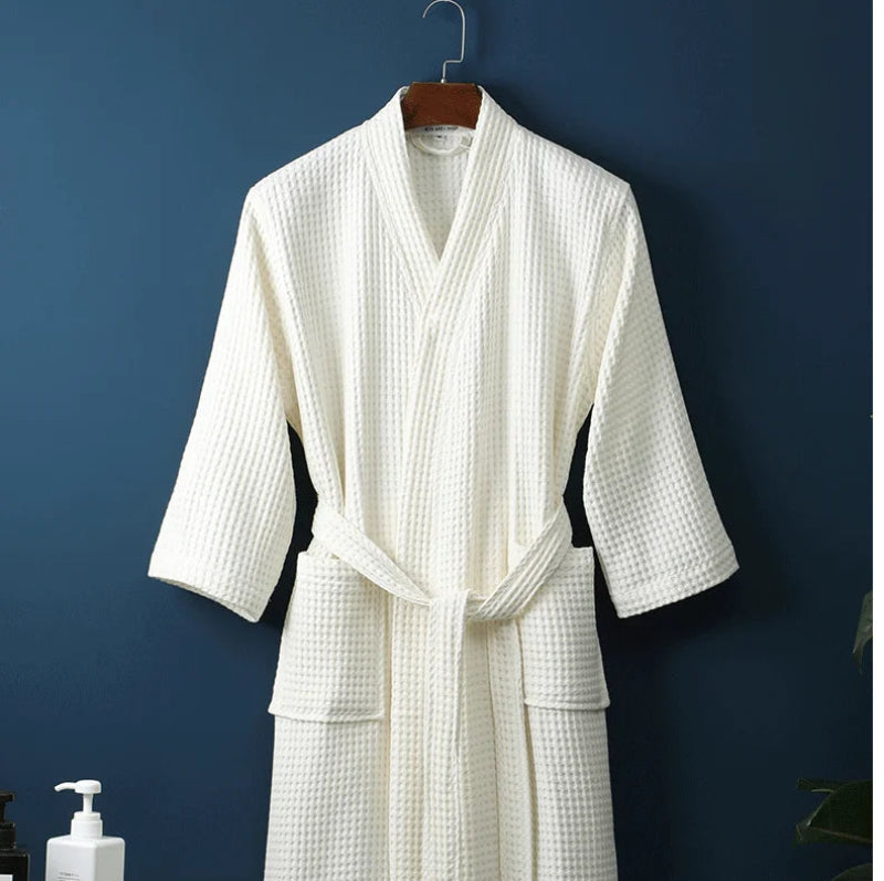 Peignoir de bain éponge adulte-coton-gaufre-manche-longue-mi-mollet-doux-confortable-absorbant-col-chale-epais-printemps-automne-hiver-blanc