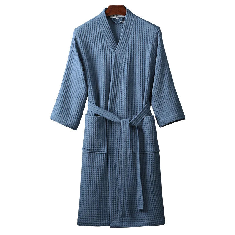 Peignoir de bain éponge adulte-coton-gaufre-manche-longue-mi-mollet-doux-confortable-absorbant-col-chale-epais-printemps-automne-hiver-bleu