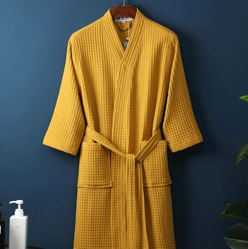 Peignoir de bain éponge adulte-coton-gaufre-manche-longue-mi-mollet-doux-confortable-absorbant-col-chale-epais-printemps-automne-hiver-jaune