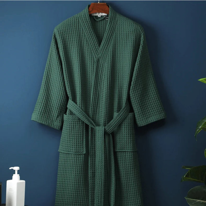 Peignoir de bain éponge adulte-coton-gaufre-manche-longue-mi-mollet-doux-confortable-absorbant-col-chale-epais-printemps-automne-hiver-vert-bouteille