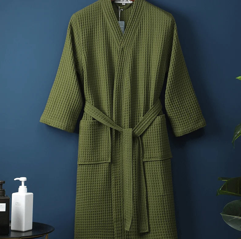 Peignoir de bain éponge adulte-coton-gaufre-manche-longue-mi-mollet-doux-confortable-absorbant-col-chale-epais-printemps-automne-hiver-vert