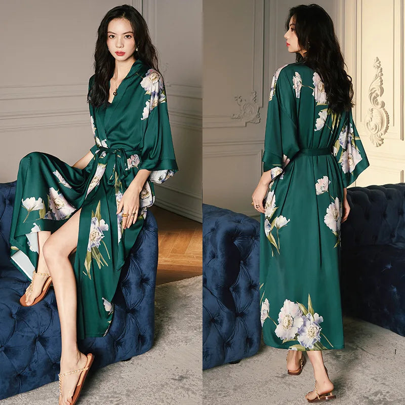 Peignoir_de_bain_satin_femme-fausse-soie-polyester-satin-motif-imprime-floral-col-V-absorbant-moelleux-doux-léger-confortable-mi-mollet-manche-longue-printemps-automne-été-blanc-vert