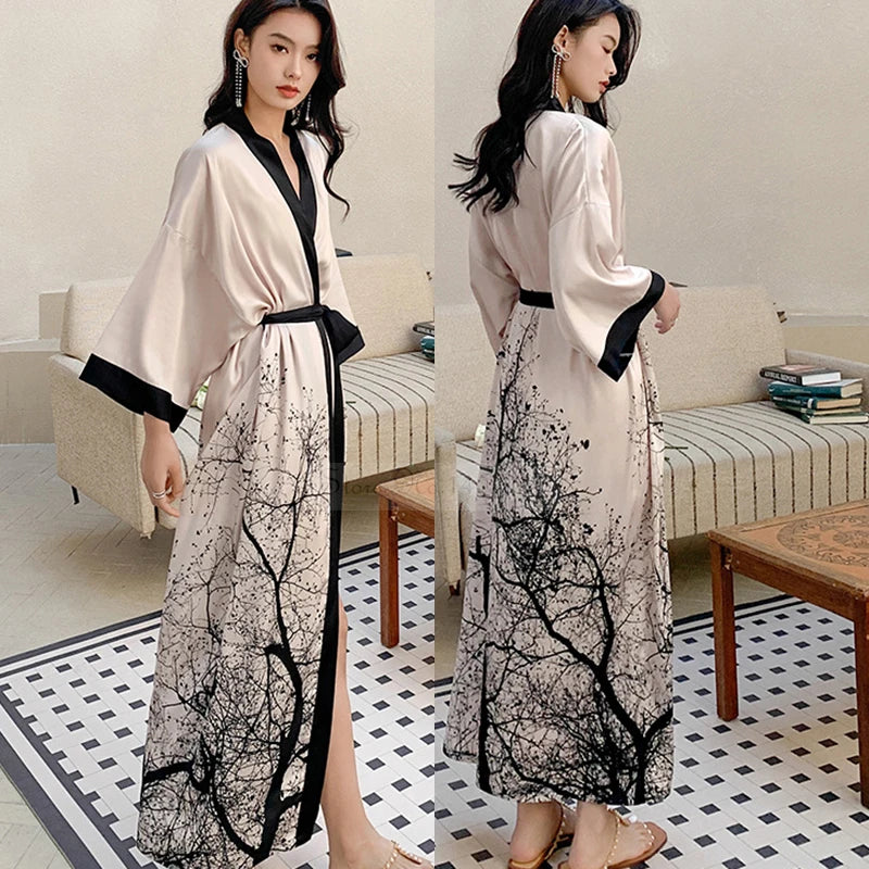 Peignoir_de_bain_satin_femme-fausse-soie-polyester-satin-motif-imprime-floral-col-V-absorbant-moelleux-doux-léger-confortable-mi-mollet-manche-longue-printemps-automne-été-bleu-beige-noir