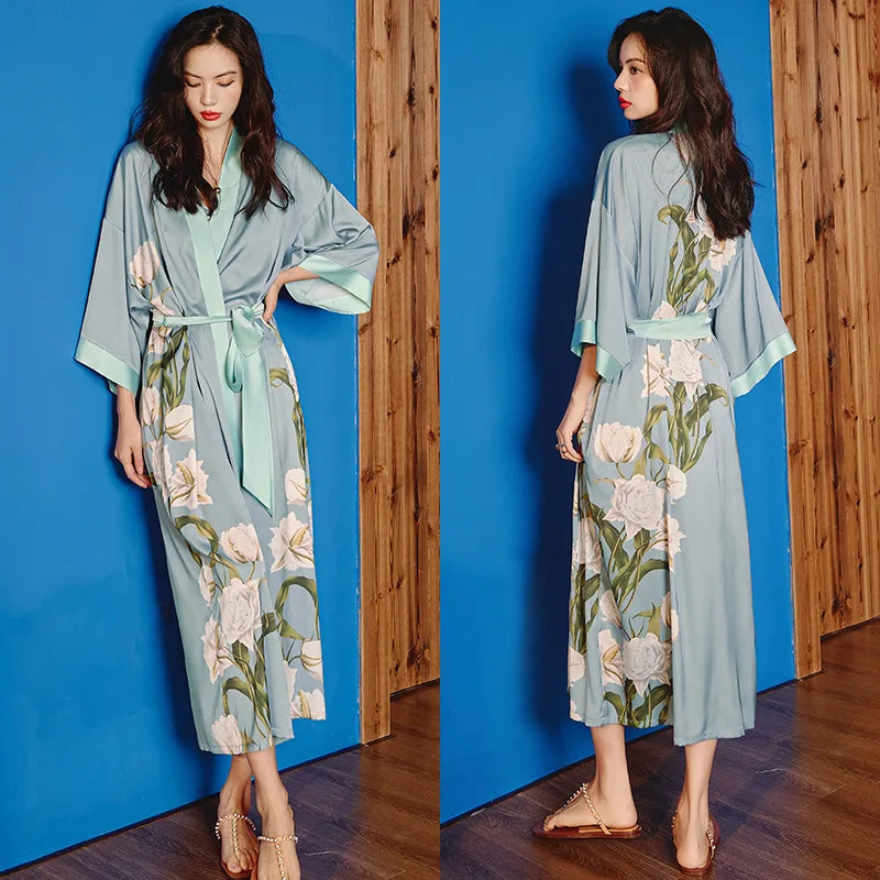 Peignoir_de_bain_satin_femme-fausse-soie-polyester-satin-motif-imprime-floral-col-V-absorbant-moelleux-doux-léger-confortable-mi-mollet-manche-longue-printemps-automne-été-bleu-beige-vert