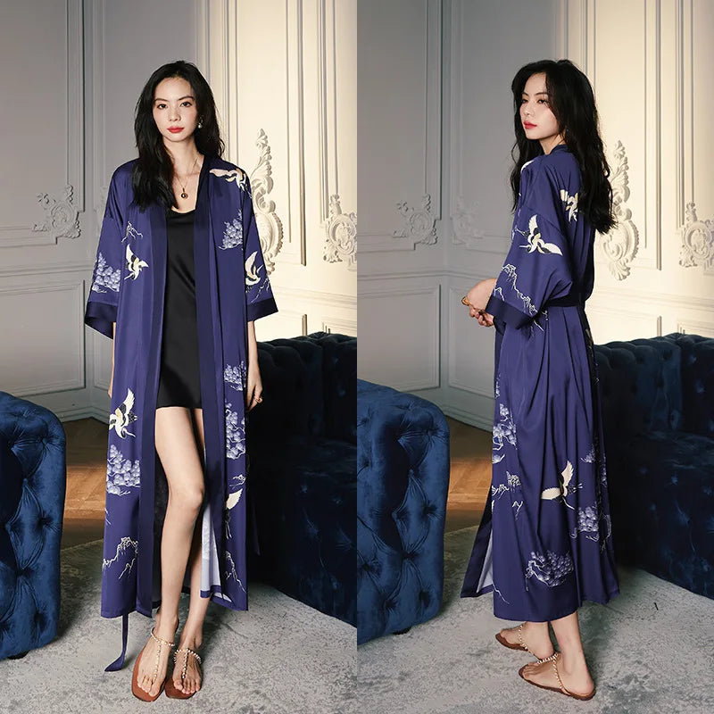 Peignoir_de_bain_satin_femme-fausse-soie-polyester-satin-motif-imprime-floral-col-V-absorbant-moelleux-doux-leger-confortable-mi-mollet-manche-longue-printemps-automne-ete-bleu-marine