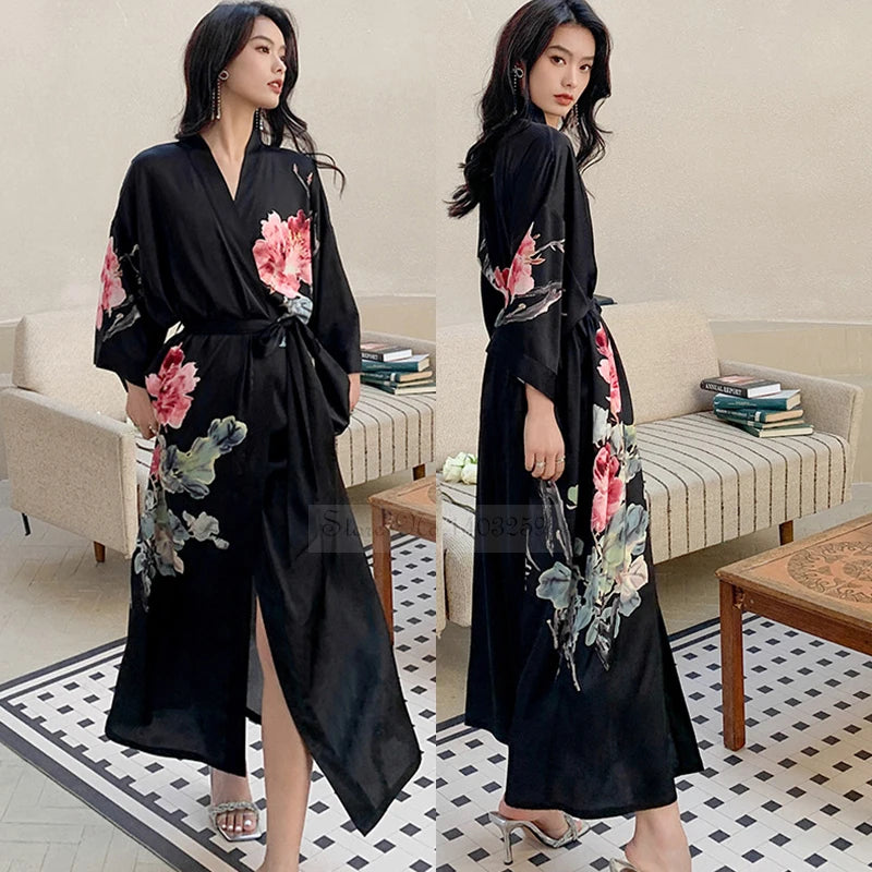 Peignoir_de_bain_satin_femme-fausse-soie-polyester-satin-motif-imprime-floral-col-V-absorbant-moelleux-doux-léger-confortable-mi-mollet-manche-longue-printemps-automne-été-bleu-rose-noir