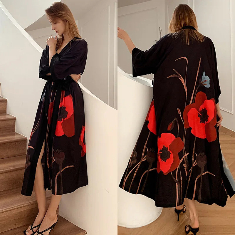 Peignoir_de_bain_satin_femme-fausse-soie-polyester-satin-motif-imprime-floral-col-V-absorbant-moelleux-doux-léger-confortable-mi-mollet-manche-longue-printemps-automne-été-bordeaux-fonce-rose