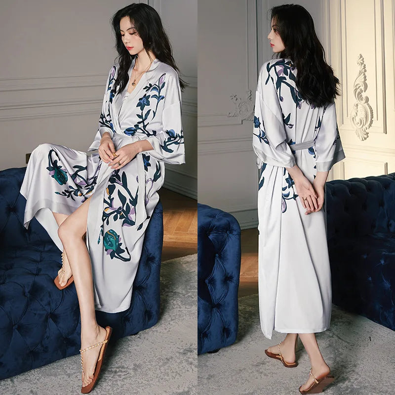 Peignoir_de_bain_satin_femme-fausse-soie-polyester-satin-motif-imprime-floral-col-V-absorbant-moelleux-doux-léger-confortable-mi-mollet-manche-longue-printemps-automne-été-gris-bleu
