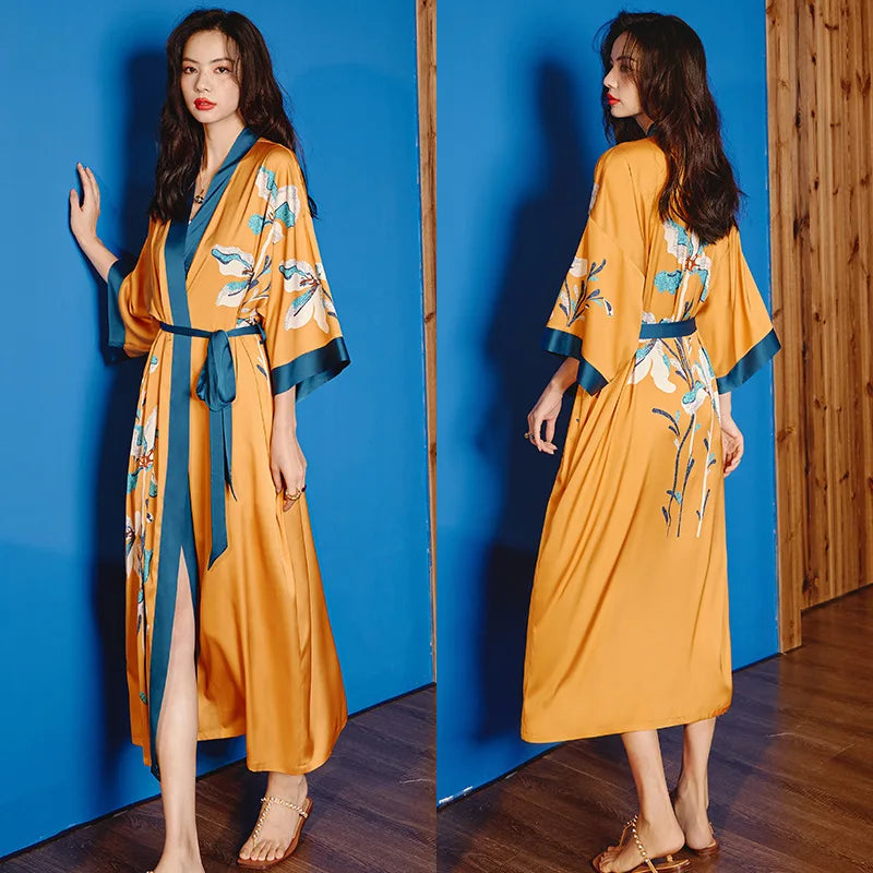 Peignoir_de_bain_satin_femme-fausse-soie-polyester-satin-motif-imprime-floral-col-V-absorbant-moelleux-doux-léger-confortable-mi-mollet-manche-longue-printemps-automne-été-jaune-bleu