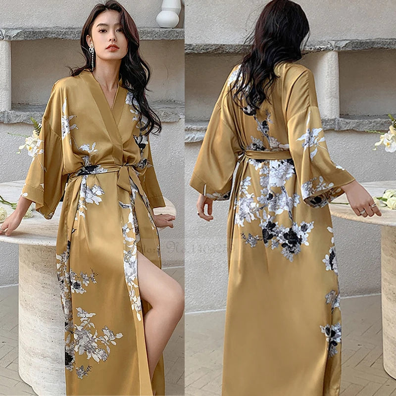 Peignoir_de_bain_satin_femme-fausse-soie-polyester-satin-motif-imprime-floral-col-V-absorbant-moelleux-doux-léger-confortable-mi-mollet-manche-longue-printemps-automne-été-noir-blanc-or