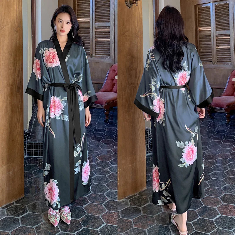 Peignoir_de_bain_satin_femme-fausse-soie-polyester-satin-motif-imprime-floral-col-V-absorbant-moelleux-doux-léger-confortable-mi-mollet-manche-longue-printemps-automne-été-noir-gris-rose