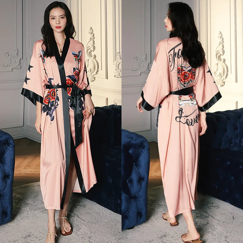Peignoir_de_bain_satin_femme-fausse-soie-polyester-satin-motif-imprime-floral-col-V-absorbant-moelleux-doux-léger-confortable-mi-mollet-manche-longue-printemps-automne-été-noir-rose
