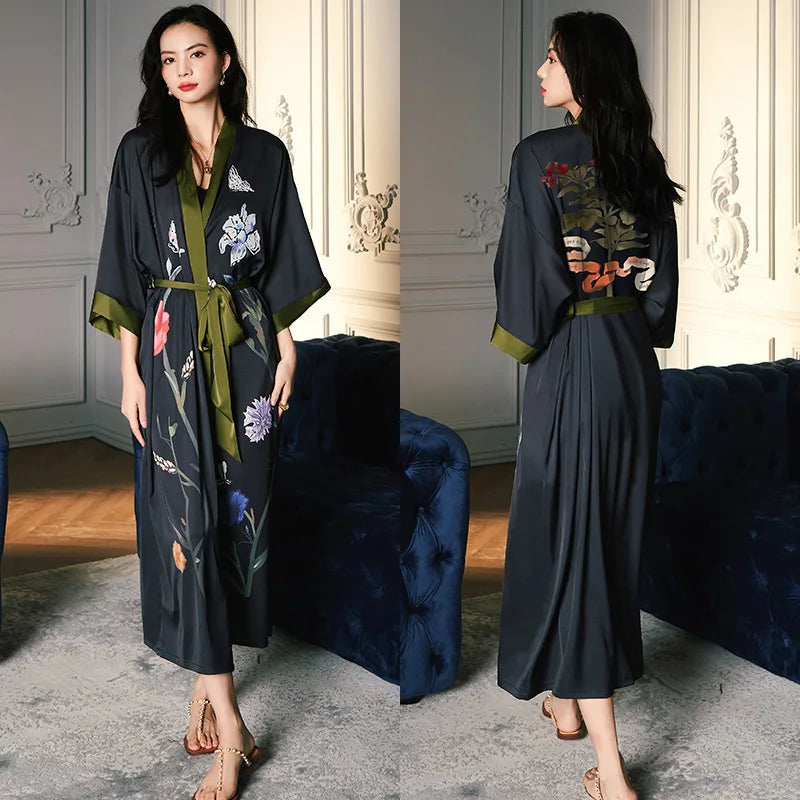 Peignoir_de_bain_satin_femme-fausse-soie-polyester-satin-motif-imprime-floral-col-V-absorbant-moelleux-doux-léger-confortable-mi-mollet-manche-longue-printemps-automne-été-noir-vert-olive
