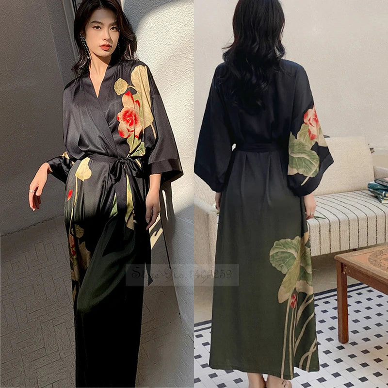 Peignoir_de_bain_satin_femme-fausse-soie-polyester-satin-motif-imprime-floral-col-V-absorbant-moelleux-doux-léger-confortable-mi-mollet-manche-longue-printemps-automne-été-noir-vert-rouge