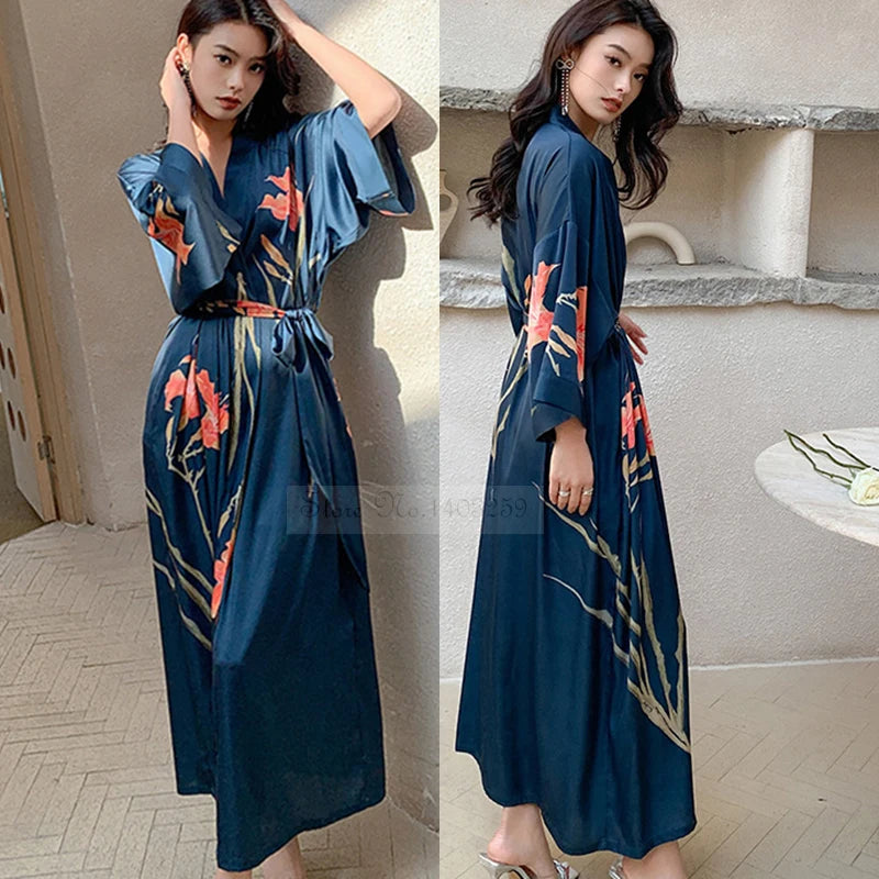 Peignoir_de_bain_satin_femme-fausse-soie-polyester-satin-motif-imprime-floral-col-V-absorbant-moelleux-doux-léger-confortable-mi-mollet-manche-longue-printemps-automne-été-rose-bleu