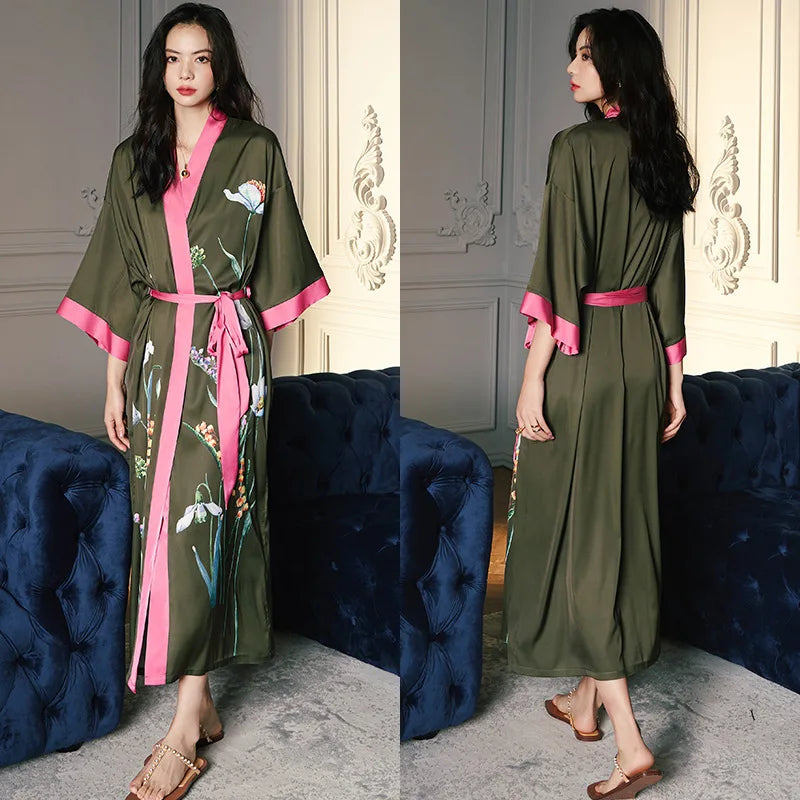 Peignoir_de_bain_satin_femme-fausse-soie-polyester-satin-motif-imprime-floral-col-V-absorbant-moelleux-doux-léger-confortable-mi-mollet-manche-longue-printemps-automne-été-rose-vert