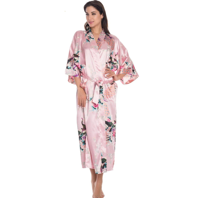 Peignoir_de_bain_satin_femme-fausse-soie-polyester-satin-motif-imprime-floral-col-V-absorbant-moelleux-doux-léger-confortable-mi-mollet-manche-longue-printemps-automne-été-rose