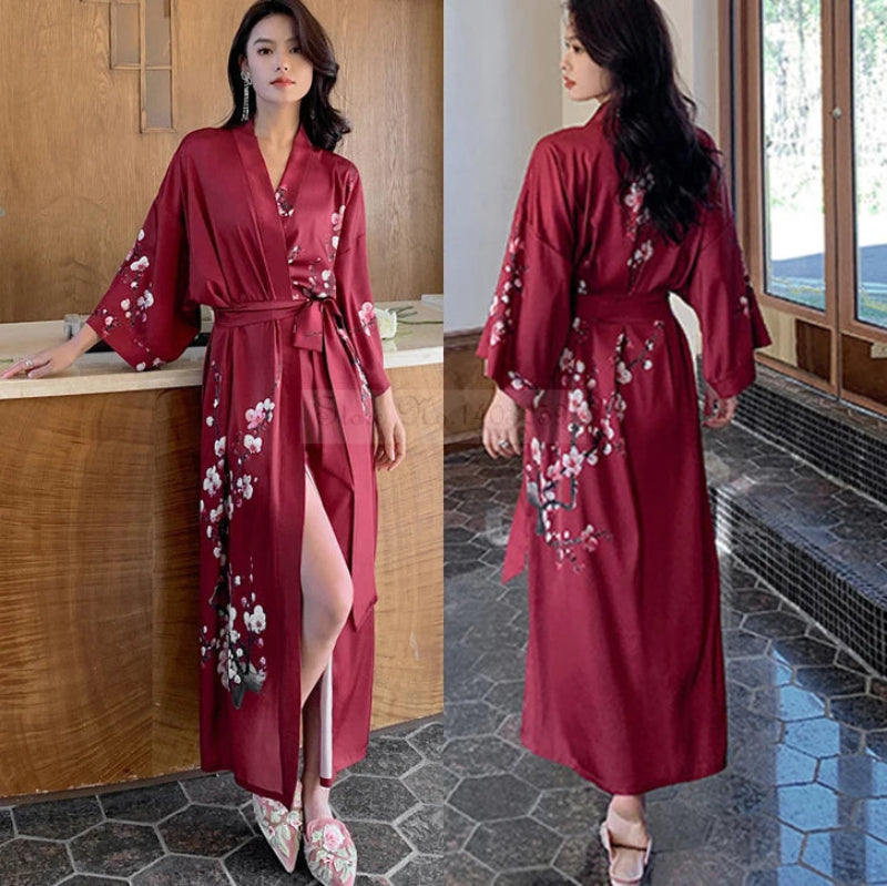 Peignoir_de_bain_satin_femme-fausse-soie-polyester-satin-motif-imprime-floral-col-V-absorbant-moelleux-doux-léger-confortable-mi-mollet-manche-longue-printemps-automne-été-rouge-bordeaux