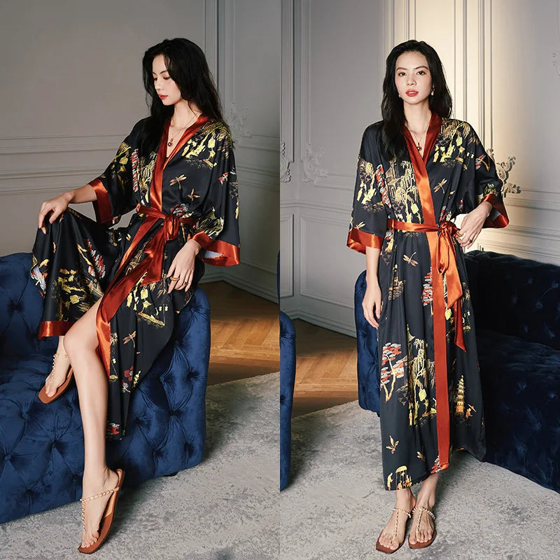 Peignoir_de_bain_satin_femme-fausse-soie-polyester-satin-motif-imprime-floral-col-V-absorbant-moelleux-doux-léger-confortable-mi-mollet-manche-longue-printemps-automne-été-rouge-noir