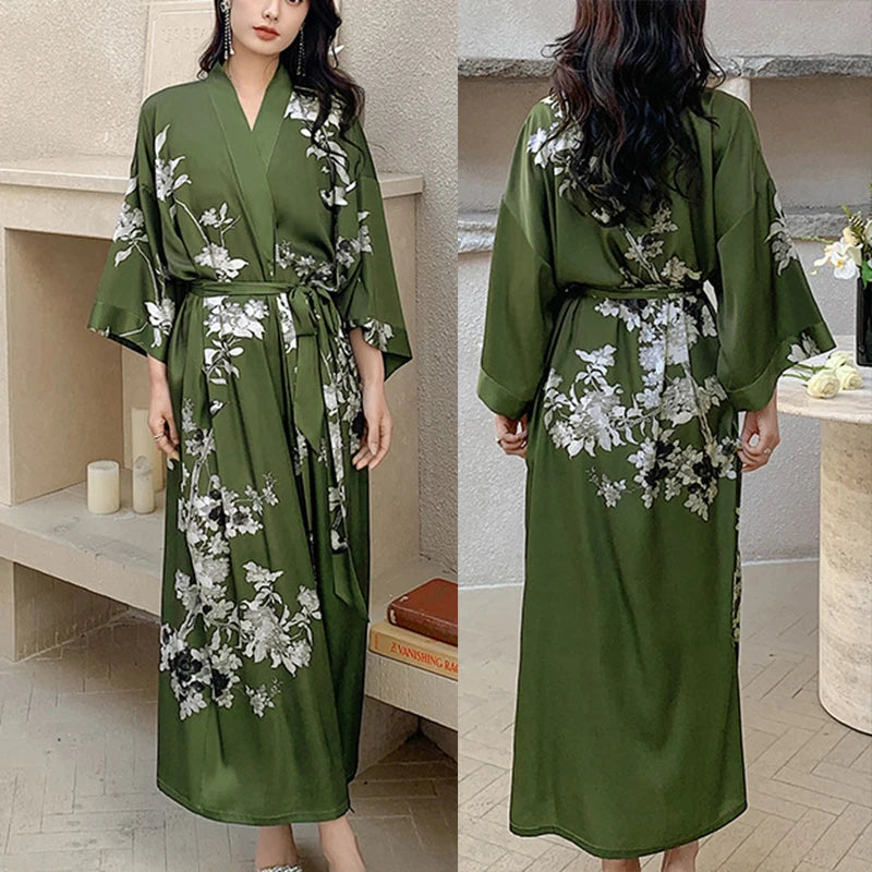 Peignoir_de_bain_satin_femme-fausse-soie-polyester-satin-motif-imprime-floral-col-V-absorbant-moelleux-doux-léger-confortable-mi-mollet-manche-longue-printemps-automne-été-vert-blanc