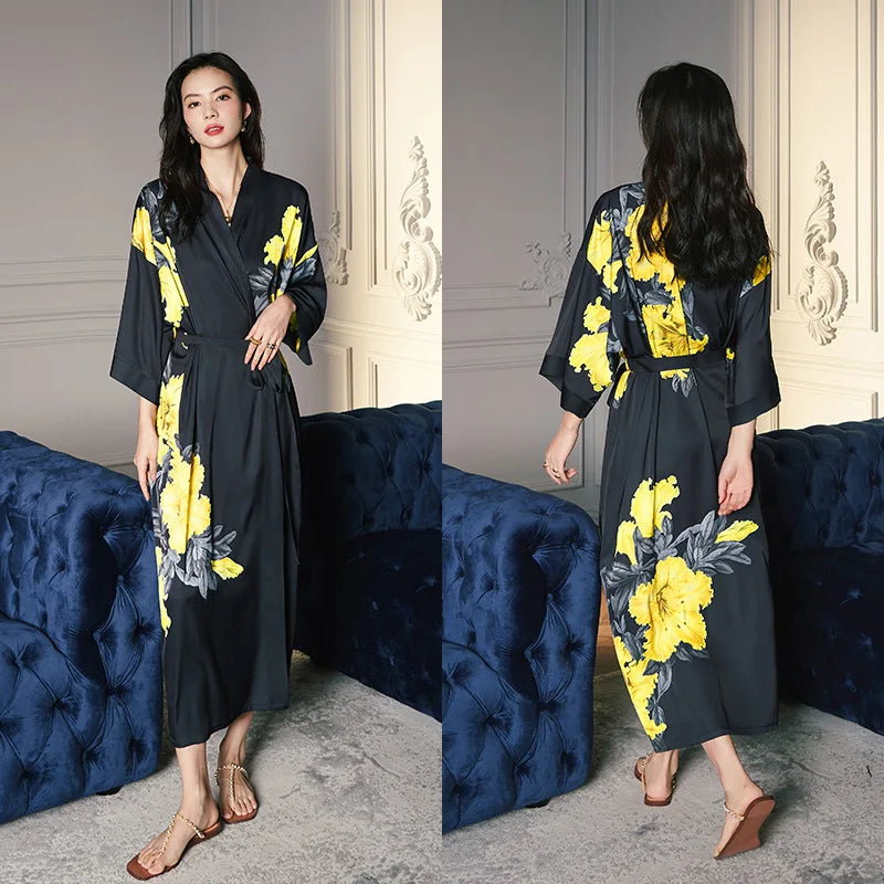 Peignoir_de_bain_satin_femme-fausse-soie-polyester-satin-motif-imprime-floral-col-V-absorbant-moelleux-doux-léger-confortable-mi-mollet-manche-longue-printemps-automne-été-vert-jaune