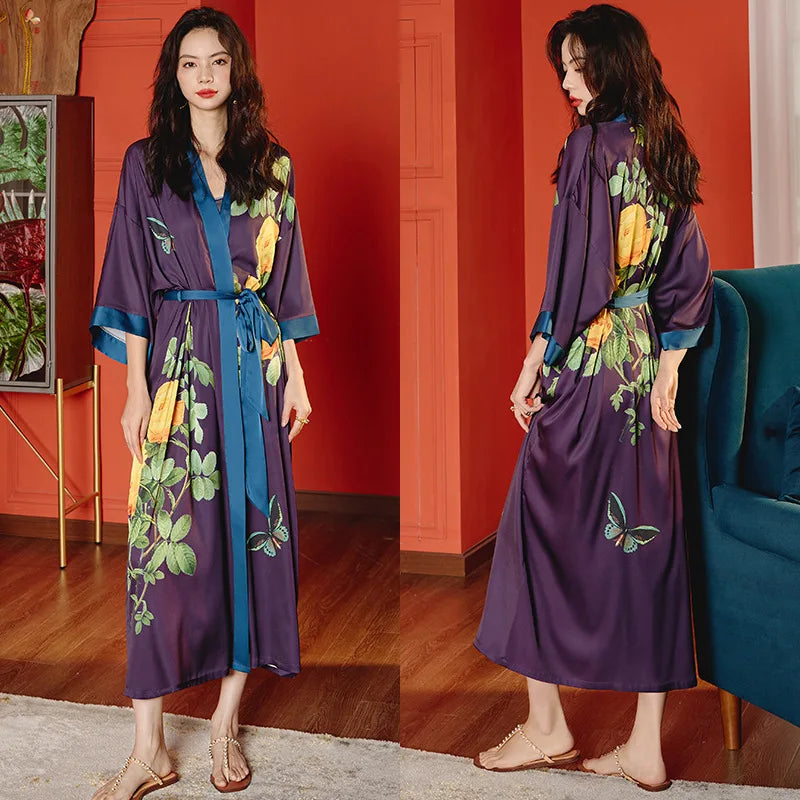 Peignoir_de_bain_satin_femme-fausse-soie-polyester-satin-motif-imprime-floral-col-V-absorbant-moelleux-doux-léger-confortable-mi-mollet-manche-longue-printemps-automne-été-violet-bleu