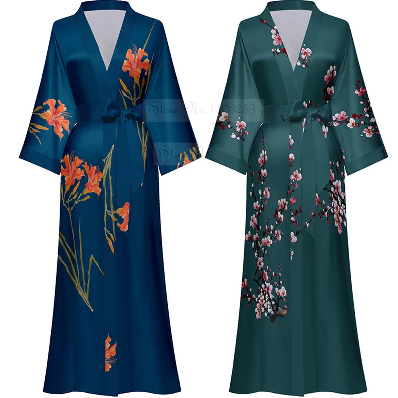 Peignoir de bain satin femme-fausse-soie-polyester-satin-motif-imprime-floral-col-V-absorbant-moelleux-doux-léger-confortable-printemps-automne-été-bleu