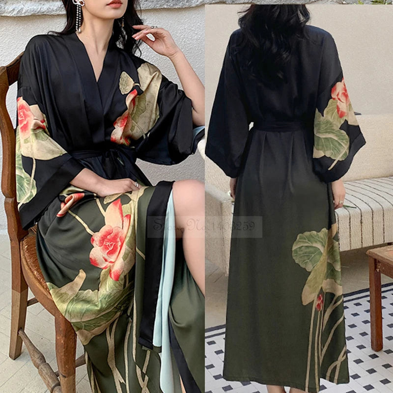 Peignoir de bain satin femme-fausse-soie-polyester-satin-motif-imprime-floral-col-V-absorbant-moelleux-doux-léger-confortable-printemps-automne-été-noir-vert