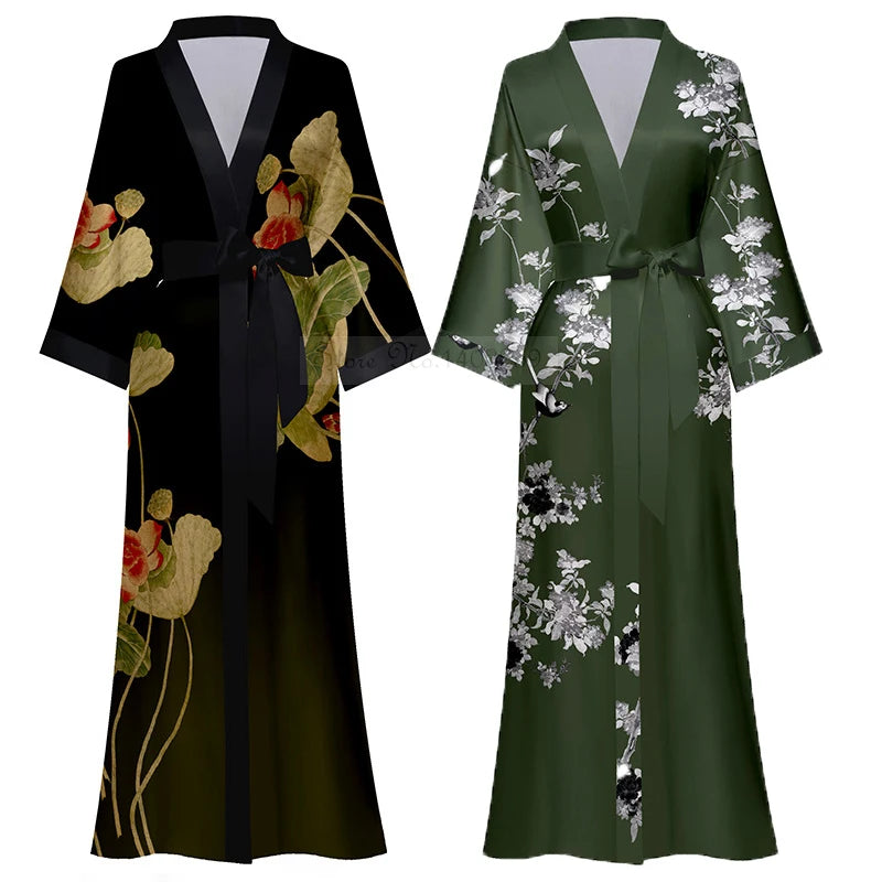 Peignoir de bain satin femme-fausse-soie-polyester-satin-motif-imprime-floral-col-V-absorbant-moelleux-doux-léger-confortable-vert-noir