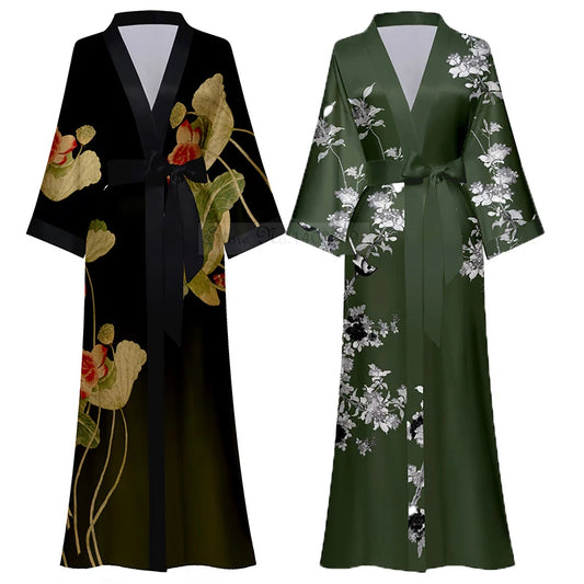 Peignoir de bain satin femme-fausse-soie-polyester-satin-motif-imprime-floral-col-V-absorbant-moelleux-doux-léger-confortable-vert-noir