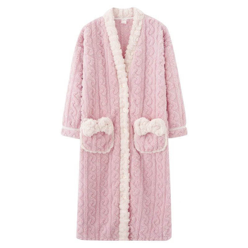 peignoir_de_bain_en_éponge_bouton-col-châle-hiver-manche-longue-absorbant-mi-mollet-moelleux-confortable-printemps-épais-blanc-rose