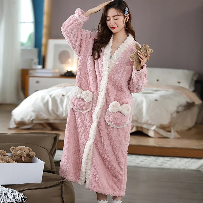 peignoir_de_bain_en_éponge_bouton-col-châle-manche-longue-absorbant-mi-mollet-moelleux-confortable-épais-hiver-printemps-rose-blanc