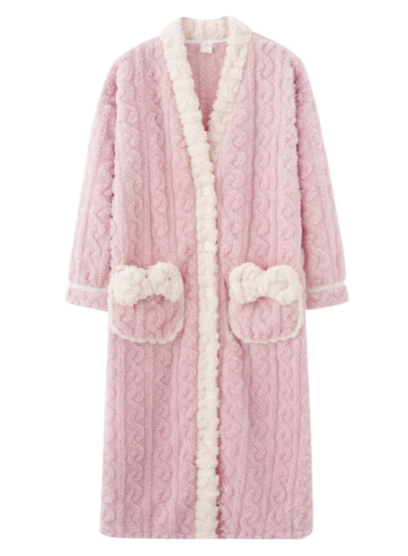 peignoir_de_bain_en_éponge_bouton-col-châle-manche-longue-absorbant-mi-mollet-moelleux-confortable-printemps-hiver-épais-blanc-rose