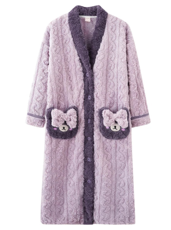 peignoir_de_bain_en_éponge_bouton-col-châle-manche-longue-absorbant-mi-mollet-moelleux-confortable-printemps-hiver-épais-violet