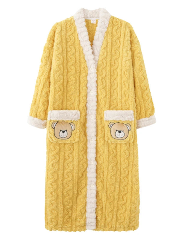 peignoir_de_bain_en_éponge_bouton-col-châle-manche-longue-absorbant-mi-mollet-moelleux-confortable-printemps-hiver-jaune-épais-blanc