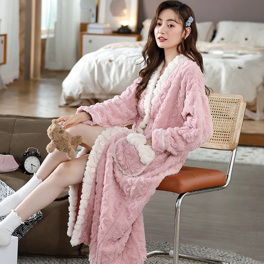 peignoir_de_bain_en_éponge_bouton-col-châle-manche-longue-hiver-absorbant-mi-mollet-moelleux-confortable-printemps-épais-blanc-rose