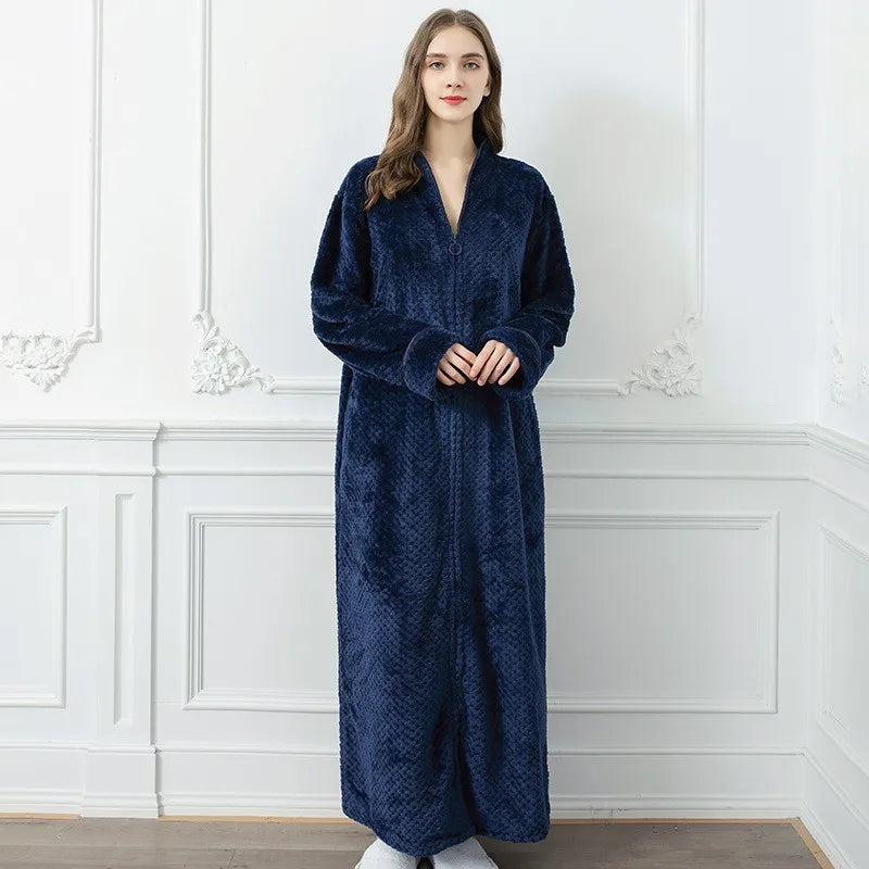 peignoir de bain luxe femme-coton-fermeture-bleu-fonce-confortable-hiver