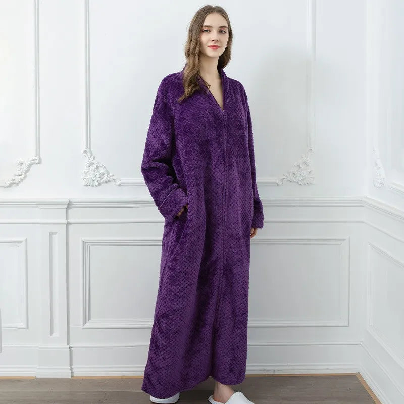 peignoir de bain luxe femme-coton-fermeture-violet-hiver-col-chale